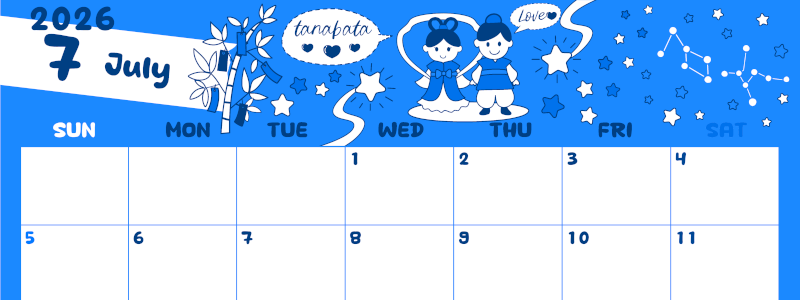 2026年7月横型日曜始まり ポップなイラストがかわいいA4無料ブルーのカレンダー(2026-00880700)