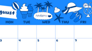 2026年8月横型日曜始まり 海岸イラストのかわいいA4無料ブルーのカレンダー(2026-00880800)