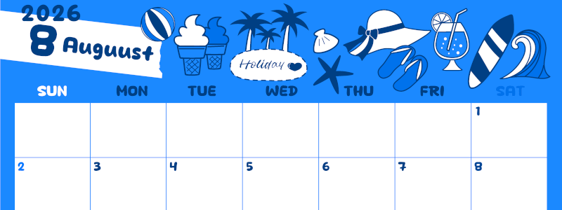 2026年8月横型日曜始まり 海岸イラストのかわいいA4無料ブルーのカレンダー(2026-00880800)