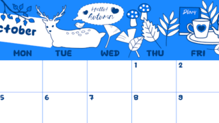 2026年10月横型日曜始まり 鹿のイラストがかわいいA4無料ブルーのカレンダー(2026-00881000)