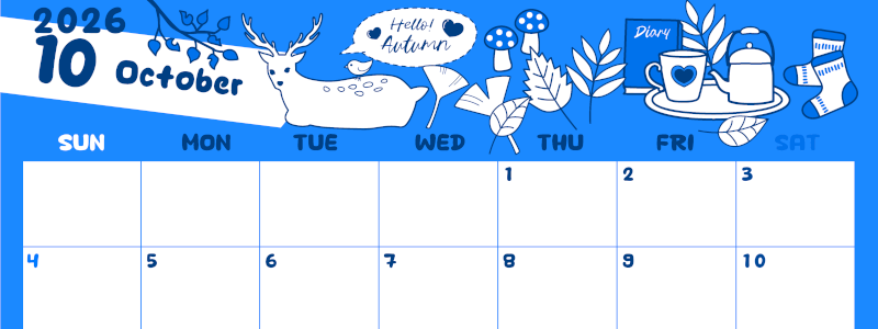 2026年10月横型日曜始まり 鹿のイラストがかわいいA4無料ブルーのカレンダー(2026-00881000)