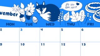 2026年11月横型日曜始まり アップルパイのイラストがかわいいA4無料ブルーのカレンダー(2026-00881100)