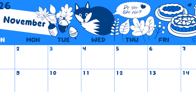 2026年11月横型日曜始まり アップルパイのイラストがかわいいA4無料ブルーのカレンダー(2026-00881100)