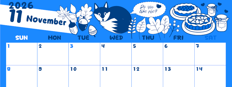 2026年11月横型日曜始まり アップルパイのイラストがかわいいA4無料ブルーのカレンダー(2026-00881100)