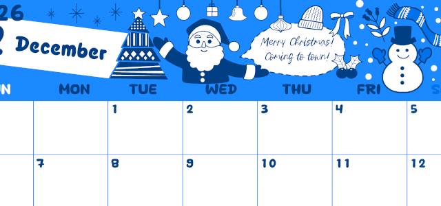 2026年12月横型日曜始まり サンタのイラストがかわいいA4無料ブルーのカレンダー(2026-00881200)