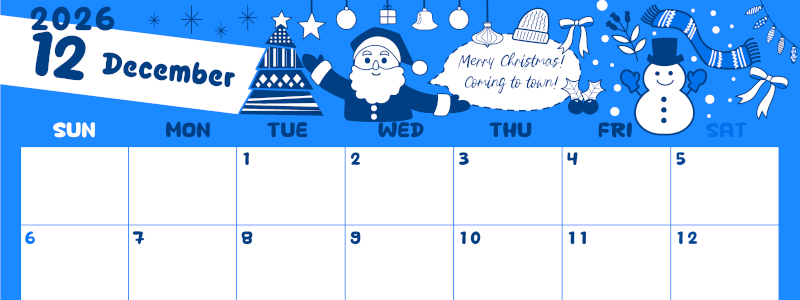 2026年12月横型日曜始まり サンタのイラストがかわいいA4無料ブルーのカレンダー(2026-00881200)