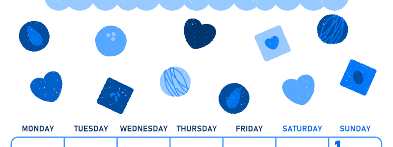 2026年2月縦型月曜始まり チョコのイラストがかわいいA4無料ブルーのカレンダー(2026-00890211)