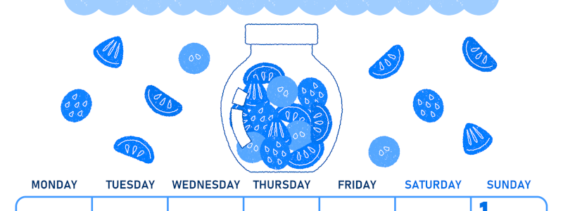 2026年3月縦型月曜始まり 果物イラストのかわいいA4無料ブルーのカレンダー(2026-00890311)