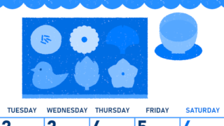 2026年6月縦型月曜始まり 和菓子イラストのかわいいA4無料ブルーのカレンダー(2026-00890611)