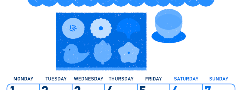 2026年6月縦型月曜始まり 和菓子イラストのかわいいA4無料ブルーのカレンダー(2026-00890611)
