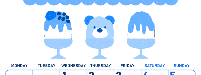 2026年7月縦型月曜始まり かき氷イラストのかわいいA4無料ブルーのカレンダー(2026-00890711)