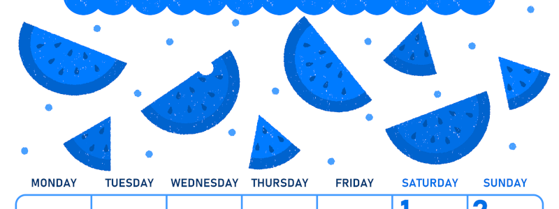 2026年8月縦型月曜始まり 季節の果物イラストのかわいいA4無料ブルーのカレンダー(2026-00890811)