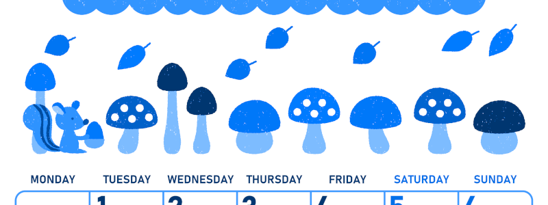 2026年9月縦型月曜始まり 秋の季節イラストがかわいいA4無料ブルーのカレンダー(2026-00890911)