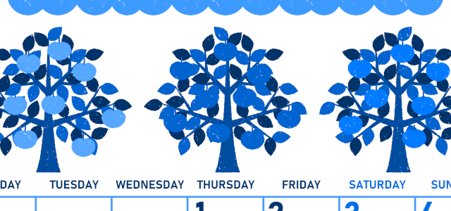 2026年10月縦型月曜始まり リンゴの木イラストのかわいいA4無料ブルーのカレンダー(2026-00891011)