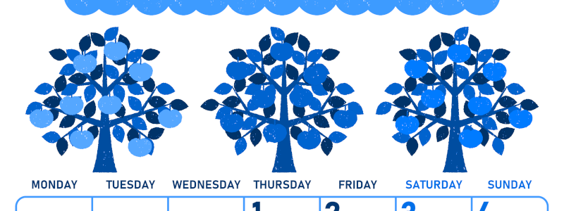 2026年10月縦型月曜始まり リンゴの木イラストのかわいいA4無料ブルーのカレンダー(2026-00891011)
