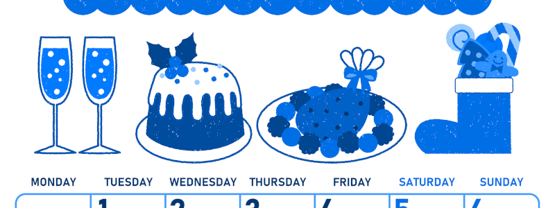 2026年12月縦型月曜始まり 御馳走イラストのかわいいA4無料ブルーのカレンダー(2026-00891211)