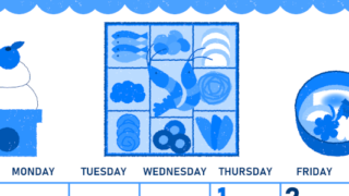 2026年1月縦型日曜始まり おいしいお節イラストのかわいいA4無料ブルーのカレンダー(2026-00890110)