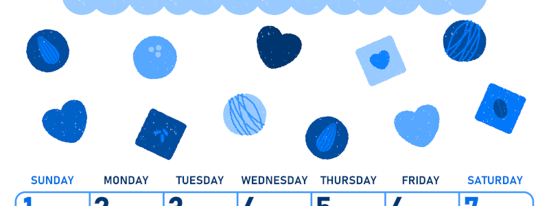 2026年2月縦型日曜始まり チョコのイラストがかわいいA4無料ブルーのカレンダー(2026-00890210)