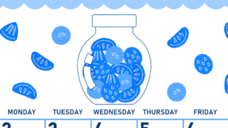 2026年3月縦型日曜始まり 果物イラストのかわいいA4無料ブルーのカレンダー(2026-00890310)