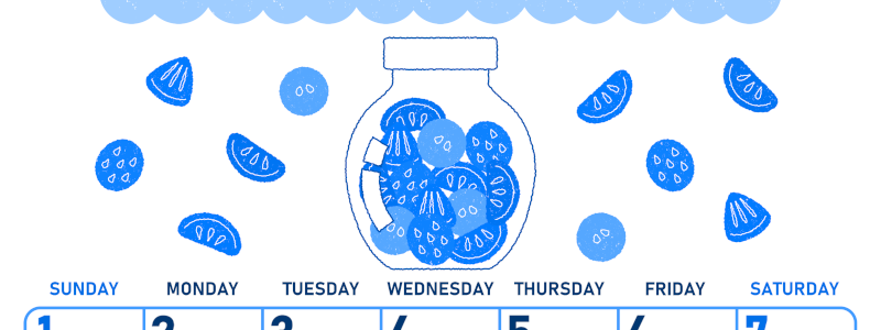 2026年3月縦型日曜始まり 果物イラストのかわいいA4無料ブルーのカレンダー(2026-00890310)
