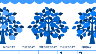 2026年10月縦型日曜始まり リンゴの木イラストのかわいいA4無料ブルーのカレンダー(2026-00891010)