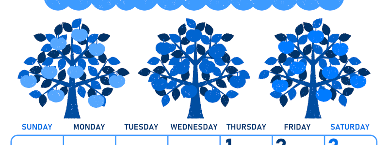 2026年10月縦型日曜始まり リンゴの木イラストのかわいいA4無料ブルーのカレンダー(2026-00891010)