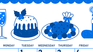 2026年12月縦型日曜始まり 御馳走イラストのかわいいA4無料ブルーのカレンダー(2026-00891210)