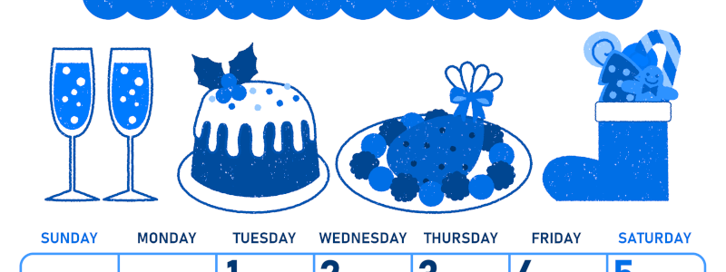 2026年12月縦型日曜始まり 御馳走イラストのかわいいA4無料ブルーのカレンダー(2026-00891210)