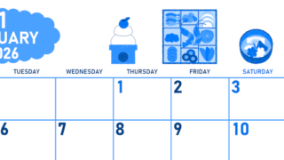 2026年1月横型月曜始まり ポップなお節イラストのかわいいA4無料ブルーのカレンダー(2026-00890101)