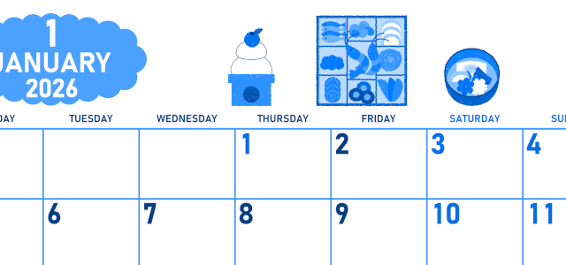 2026年1月横型月曜始まり ポップなお節イラストのかわいいA4無料ブルーのカレンダー(2026-00890101)