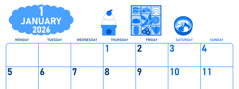 2026年1月横型月曜始まり ポップなお節イラストのかわいいA4無料ブルーのカレンダー(2026-00890101)