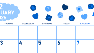 2026年2月横型月曜始まり チョコのイラストがかわいいA4無料ブルーのカレンダー(2026-00890201)