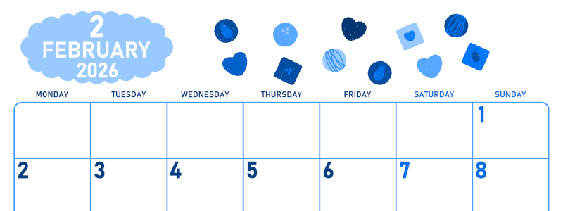 2026年2月横型月曜始まり チョコのイラストがかわいいA4無料ブルーのカレンダー(2026-00890201)
