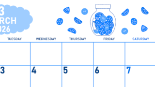 2026年3月横型月曜始まり 果物イラストのかわいいA4無料ブルーのカレンダー(2026-00890301)