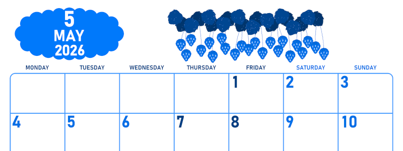 2026年5月横型月曜始まり いちごイラストのかわいいA4無料ブルーのカレンダー(2026-00890501)