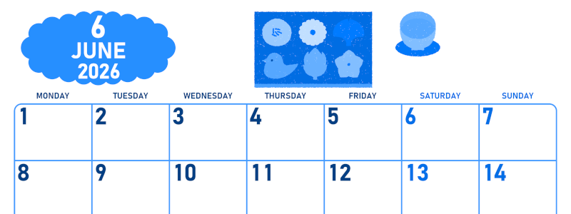 2026年6月横型月曜始まり 和菓子イラストのかわいいA4無料ブルーのカレンダー(2026-00890601)