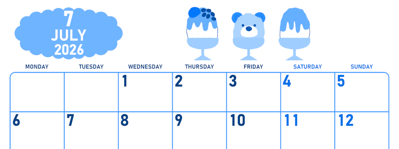 2026年7月横型月曜始まり かき氷イラストのかわいいA4無料ブルーのカレンダー(2026-00890701)