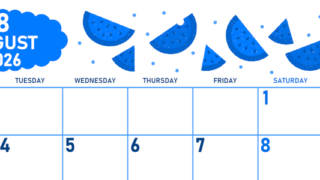 2026年8月横型月曜始まり 季節の果物イラストのかわいいA4無料ブルーのカレンダー(2026-00890801)