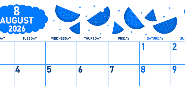 2026年8月横型月曜始まり 季節の果物イラストのかわいいA4無料ブルーのカレンダー(2026-00890801)