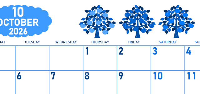 2026年10月横型月曜始まり リンゴの木イラストのかわいいA4無料ブルーのカレンダー(2026-00891001)