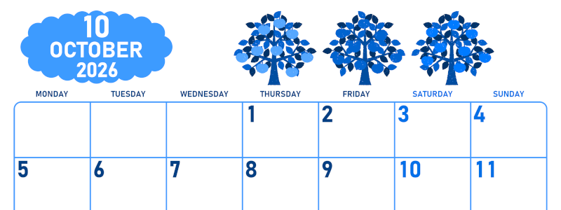 2026年10月横型月曜始まり リンゴの木イラストのかわいいA4無料ブルーのカレンダー(2026-00891001)