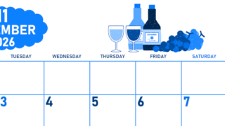 2026年11月横型月曜始まり ぶどうイラストのかわいいA4無料ブルーのカレンダー(2026-00891101)