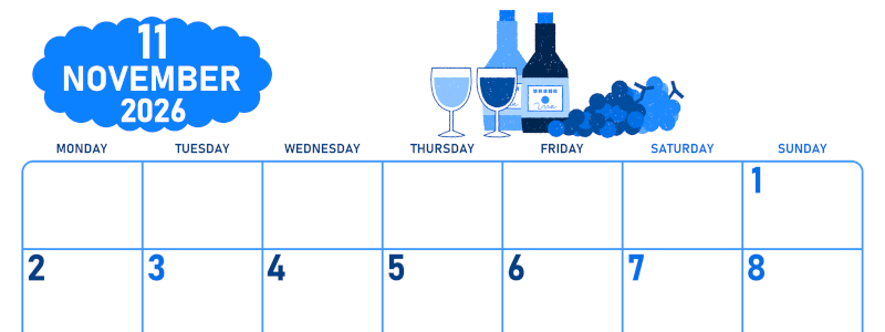 2026年11月横型月曜始まり ぶどうイラストのかわいいA4無料ブルーのカレンダー(2026-00891101)