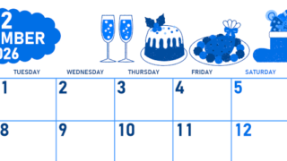 2026年12月横型月曜始まり 御馳走イラストのかわいいA4無料ブルーのカレンダー(2026-00891201)