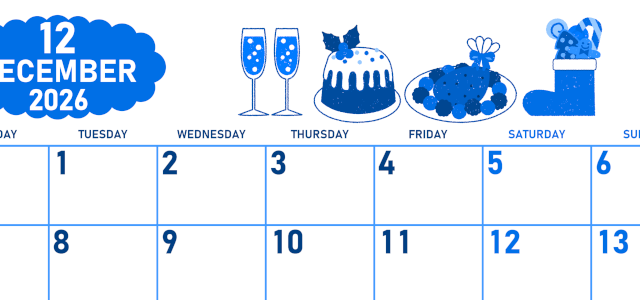 2026年12月横型月曜始まり 御馳走イラストのかわいいA4無料ブルーのカレンダー(2026-00891201)