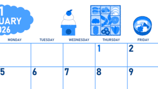 2026年1月横型日曜始まり お節イラストのかわいいA4無料ブルーのカレンダー(2026-00890100)