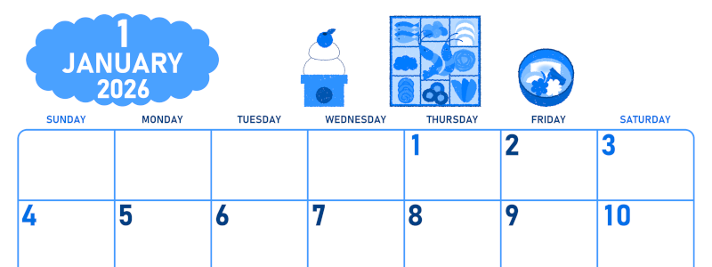 2026年1月横型日曜始まり お節イラストのかわいいA4無料ブルーのカレンダー(2026-00890100)