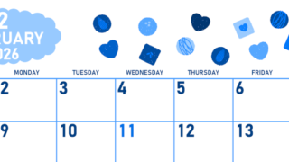2026年2月横型日曜始まり チョコのイラストがかわいいA4無料ブルーのカレンダー(2026-00890200)