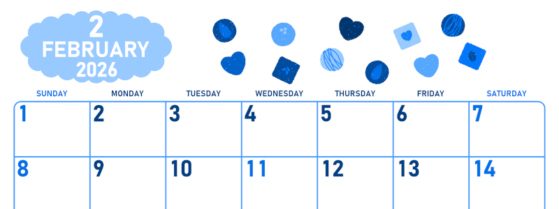 2026年2月横型日曜始まり チョコのイラストがかわいいA4無料ブルーのカレンダー(2026-00890200)