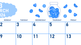 2026年3月横型日曜始まり 果物イラストのかわいいA4無料ブルーのカレンダー(2026-00890300)